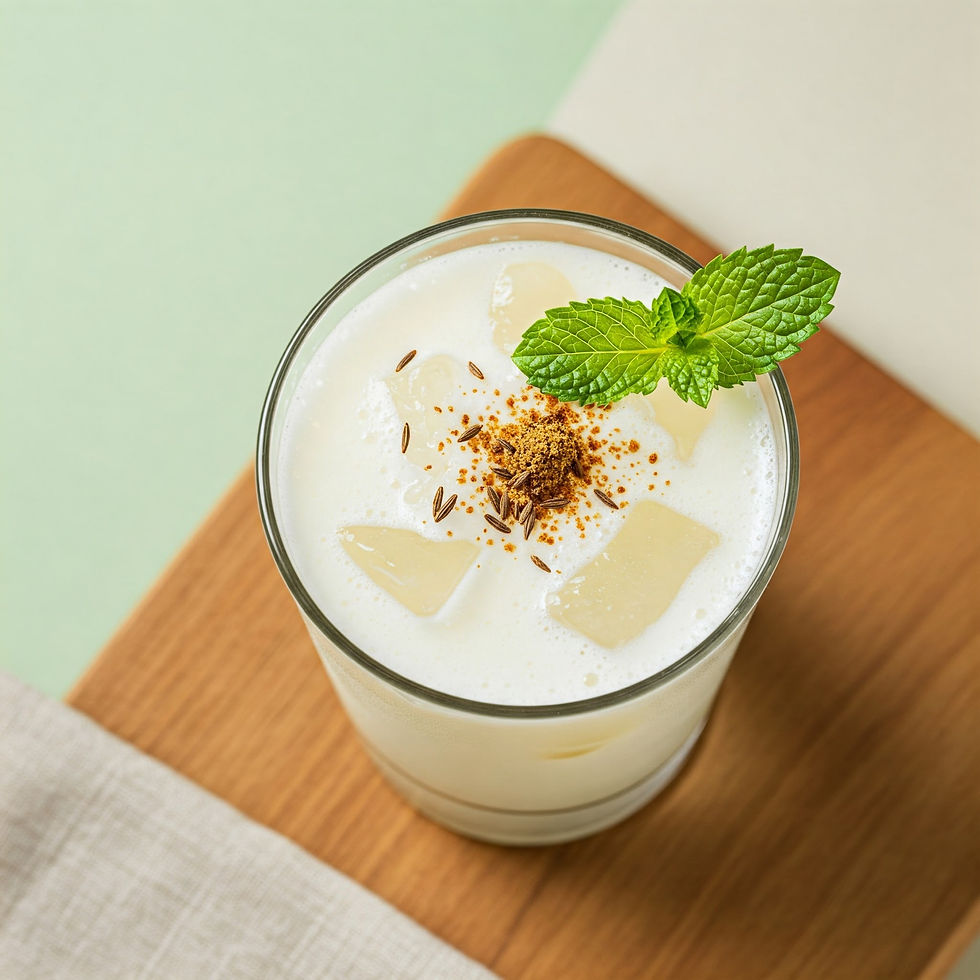 Glass of iced buttermilk with cumin, mint garnish on wooden surface. Soft green background creates a refreshing mood.