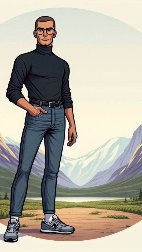 Man in glasses, black turtleneck, and jeans stands confidently in a mountain landscape with clear skies. Sneakers visible. Calm mood.