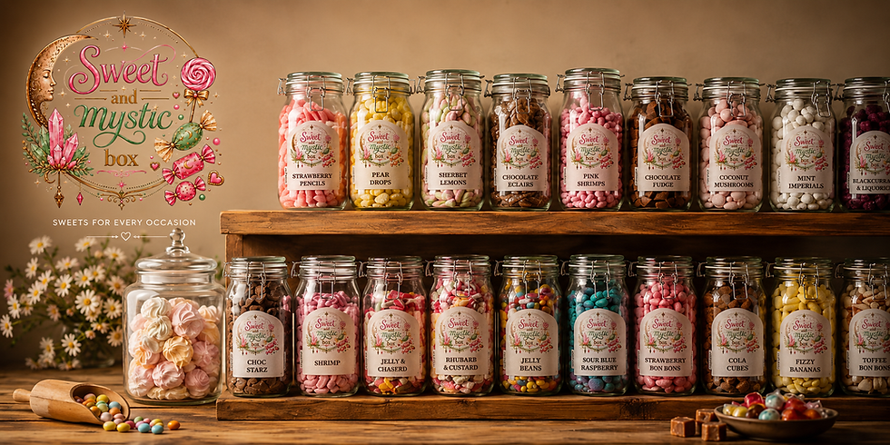 Sweet and Mystic Box sweet jars on wooden shelves
