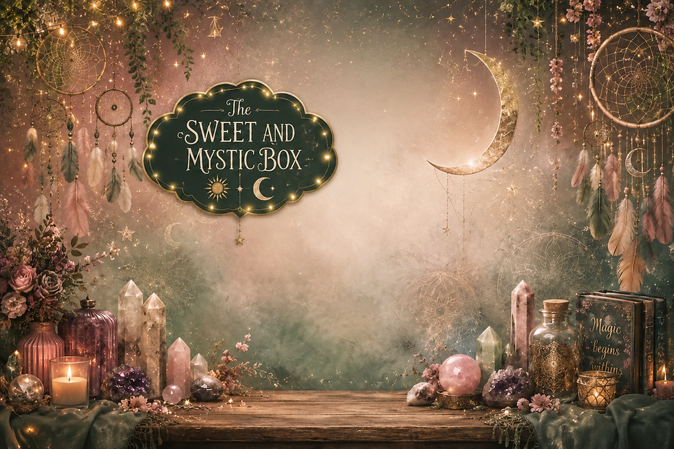 The Sweet and Mystic Box sign among crystals and moon decor.