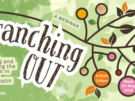 A graphic title for the webinar, 'Branching Out' showing a graphic illustration of a tree with blossoms and blooms incorporating the Hearts & Minds logo