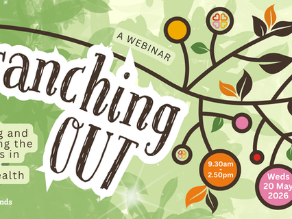 A graphic title for the webinar, 'Branching Out' showing a graphic illustration of a tree with blossoms and blooms incorporating the Hearts & Minds logo