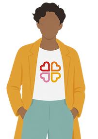 Graphic illustration of a white-skinned, androgynous figure with hands in their pockets, wearing a Hearts & Minds t-shirt and looking forwards