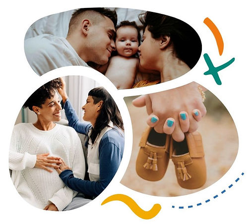 Collageof photos: a man and a woman lying on a bed with their baby; a pregnant woman being cared for by another woman who is stroking her face; two hands holding a pair of baby shoes