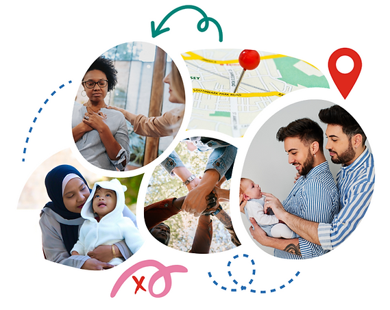 A photo collage of one woman comforting another, a mother holding her baby close, a cluster of different hands clasping together in woodland, two dads holdling their baby and a picture of a road map with a pin in it