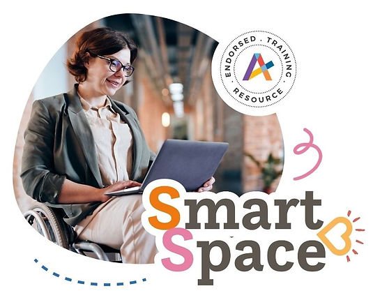 White woman in a wheelchair wearing glasses and relaxed business attire is looking at an open laptop on her knee and smiling