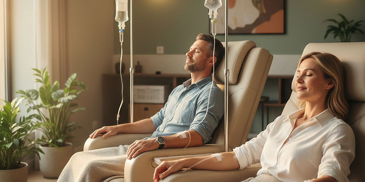 I would like an image of a couple receiving IV fluids while sitting in a recliner.jpg