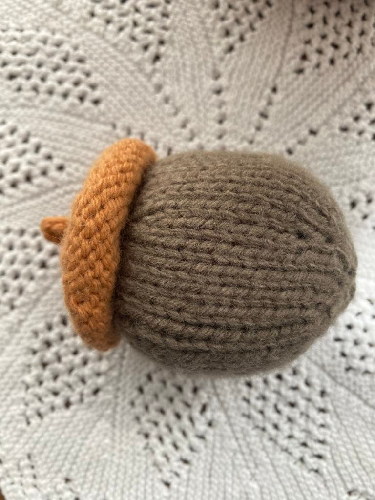 Hand knit acorn side view