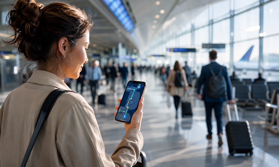 Vrouw in luchthaven bekijkt op haar smartphone een routekaart terwijl reizigers met koffers door de lichte hal lopen.