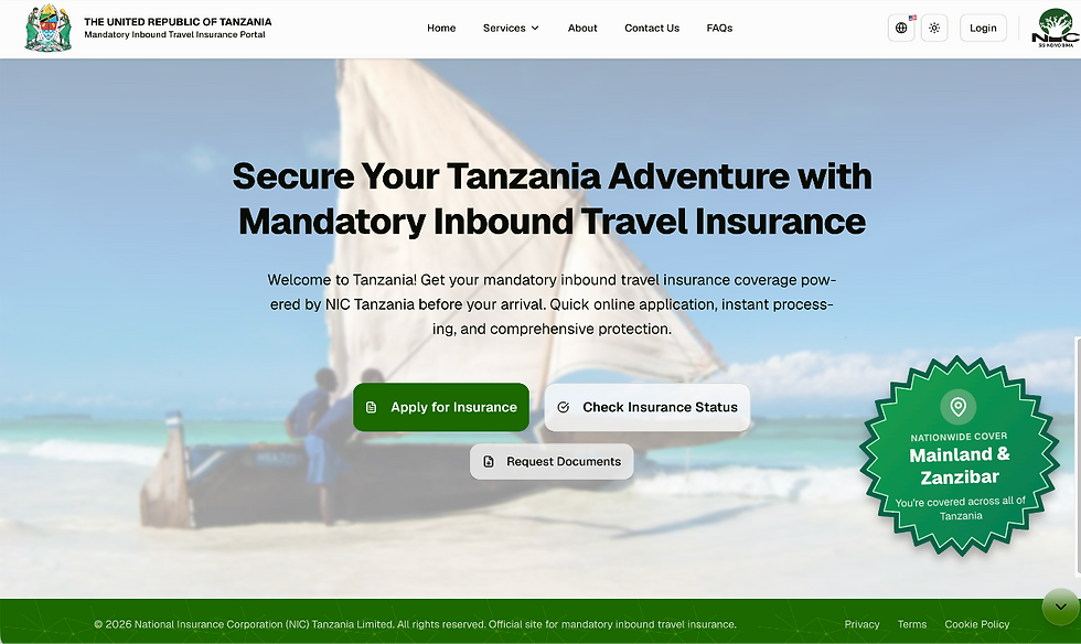 Reizigers naar Tanzania zijn verplicht om vooraf een lokale reisverzekering af te sluiten. De Tanzaniaanse autoriteiten kunnen reizigers de toegang tot het land weigeren wanneer zij niet kunnen aantonen dat zij over deze verzekering beschikken. De verplichte verzekering komt bovenop een reguliere Nederlandse reisverzekering en vervangt deze dus niet.
Verzekering verplicht bij binnenkomst