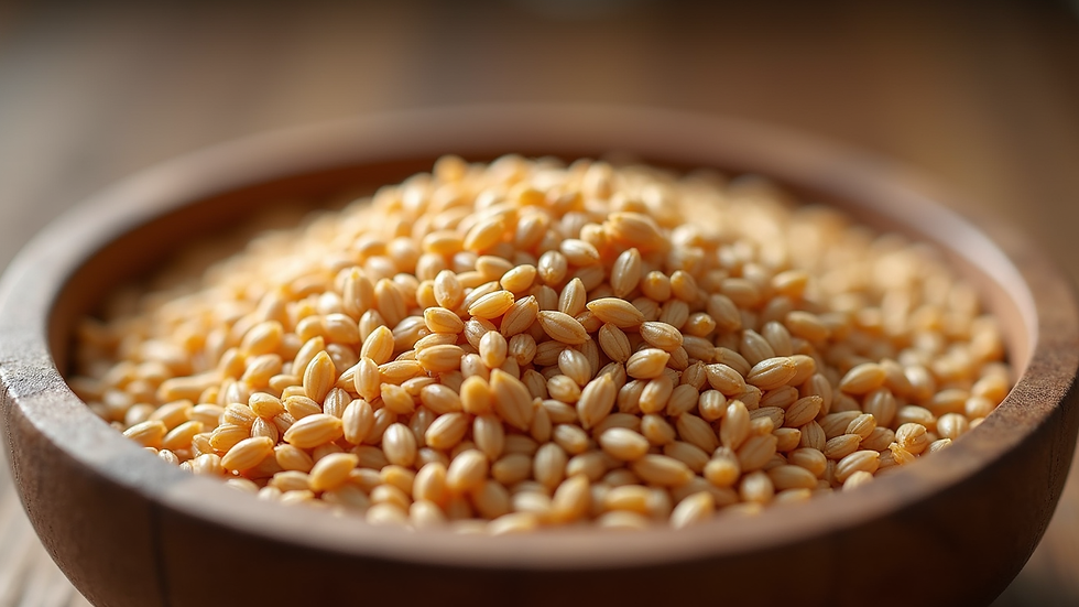 Close-up view of siyez wheat grains in a wooden bowl