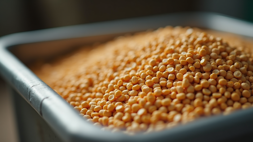 Close-up view of animal feed pellets in a container