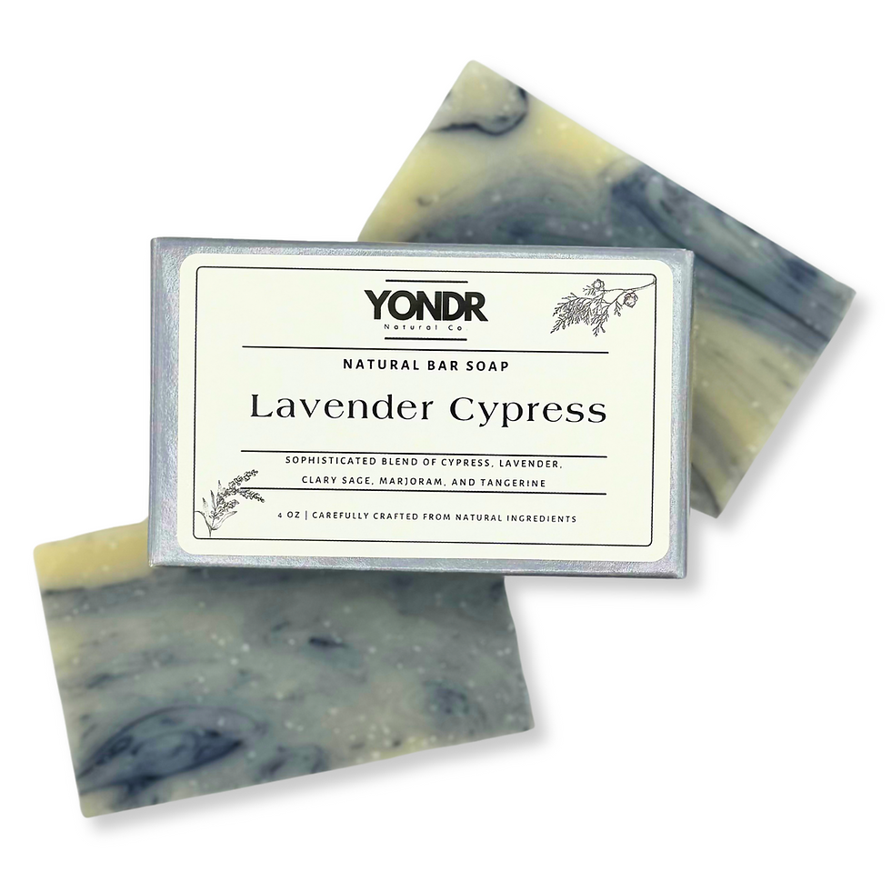 Yondr Natural Co. Lavender Cypress Swirl Natural Bar Soap. Showcasing the elegant blue swirl pattern, packaging, and labels.