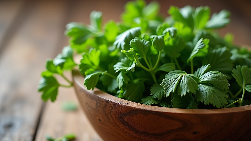 Eye-level view of fresh organic herbs in a wooden bowl