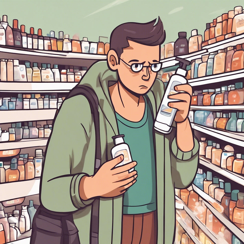 Cartoon of a young adult man reading skin care labels while shopping and being confused