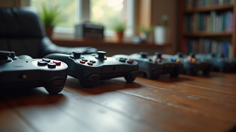 Eye-level view of vintage gaming controllers lined up on a wooden table