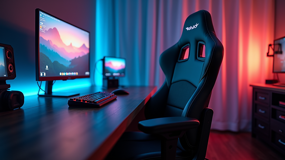 Eye-level view of a modern gaming desk setup with ergonomic chair and LED lighting