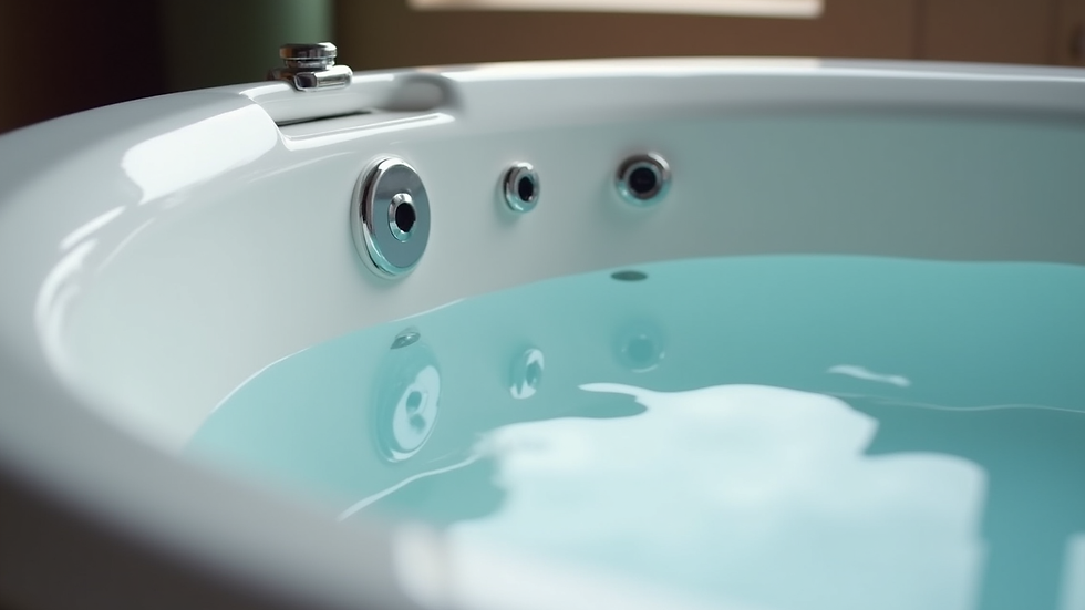 Close-up view of oval whirlpool bathtub jets and controls