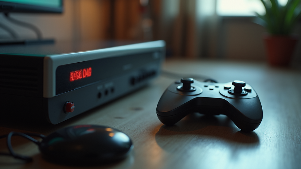 Close-up view of vintage gaming console with classic controller