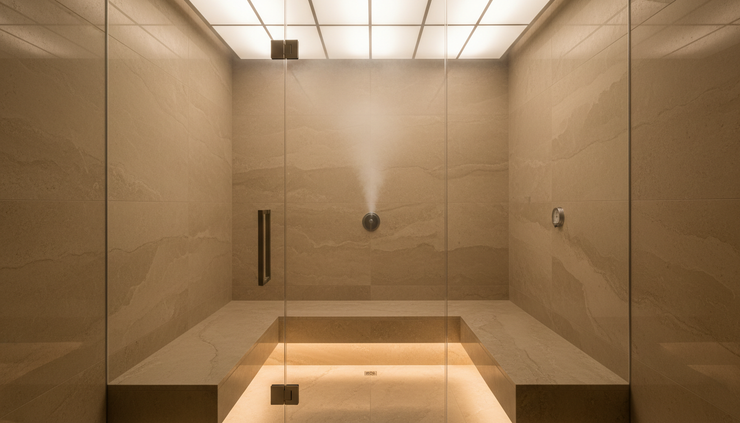 Wide-angle view of a modern home steam room with stone benches and soft ceiling lighting