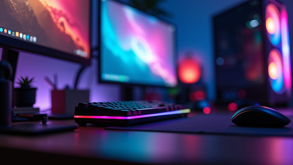 Eye-level view of a gaming desk setup with RGB lighting and multiple accessories