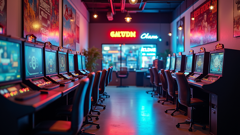 Eye-level view of a vibrant gaming store interior