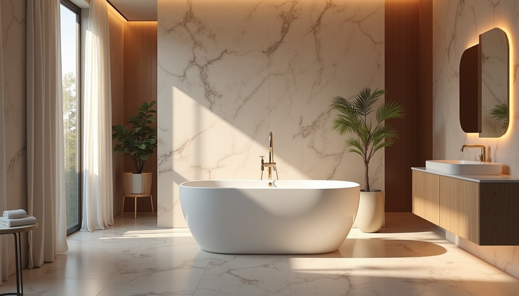 Eye-level view of a freestanding Jacuzzi bathtub in a spacious luxury bathroom