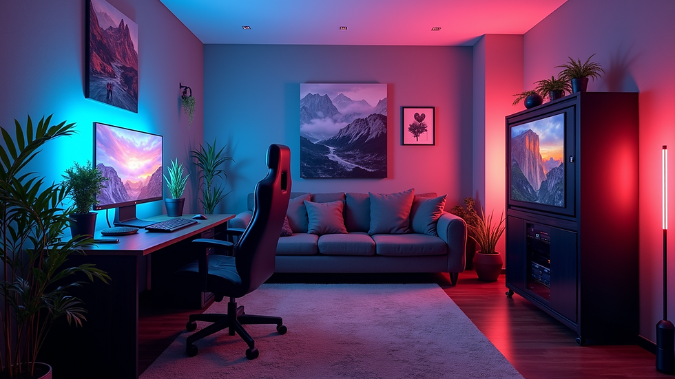 High angle view of a gaming room with RGB lighting and themed wall art