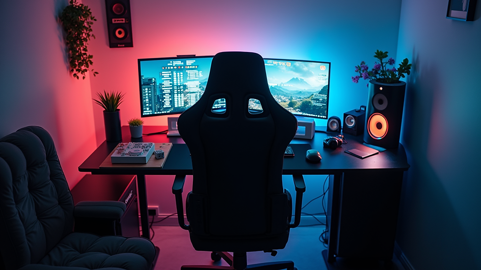 High angle view of a complete gaming setup with chair, desk, and accessories