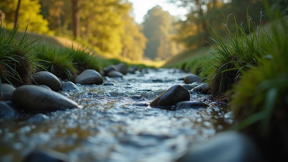 Close-up view of a serene nature scene with a flowing stream