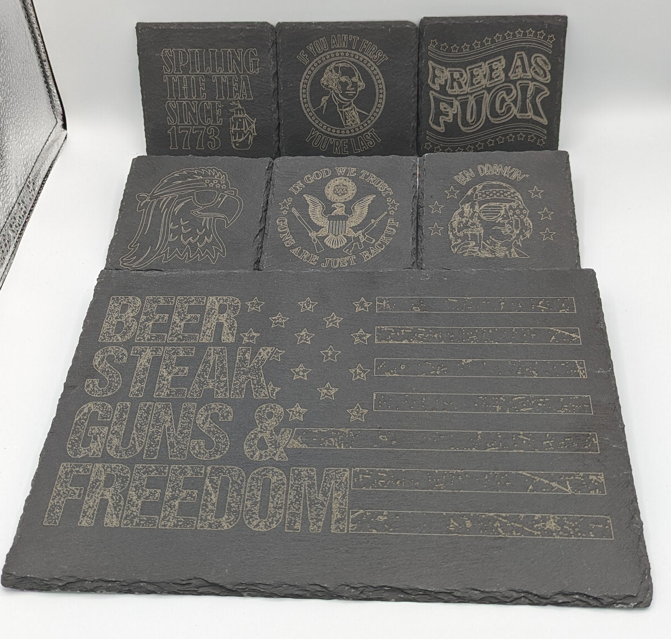 Custom slate coaster 7 pieces, 6 coasters 1 cutting board