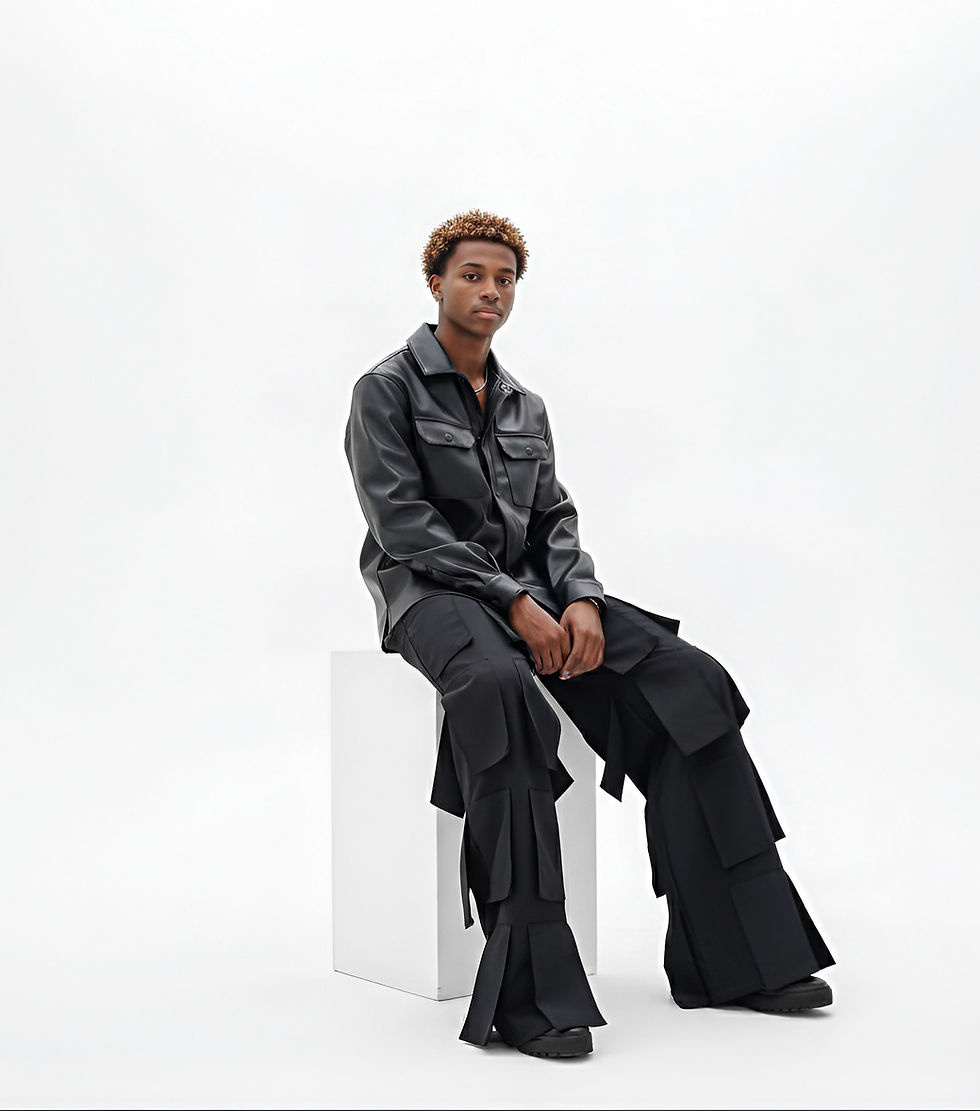 Young man in black outfit sits on white cube background. Dark Vines Jacket.