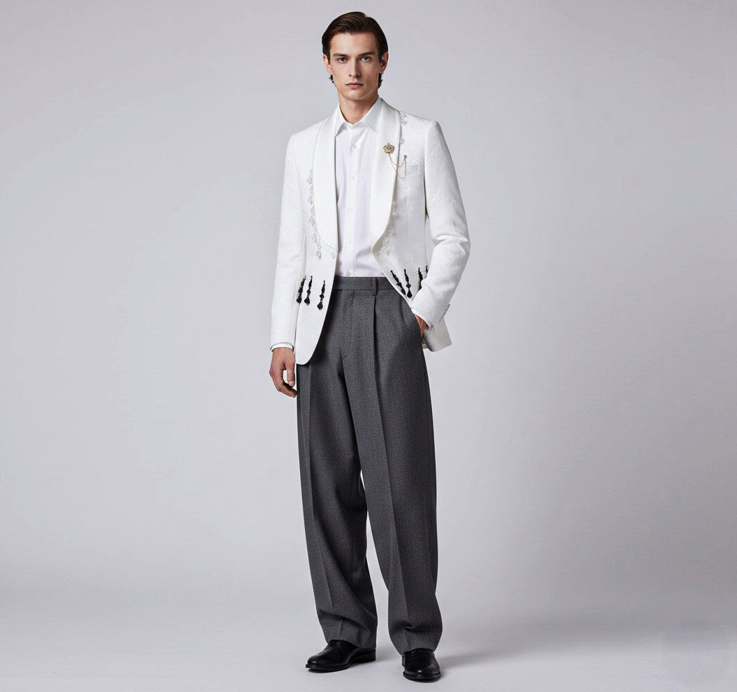 Man in stylish white blazer stands, with 