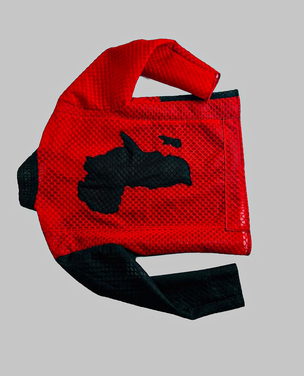 Thumbnail: Red bag with black continent-shaped graphic on a gray background