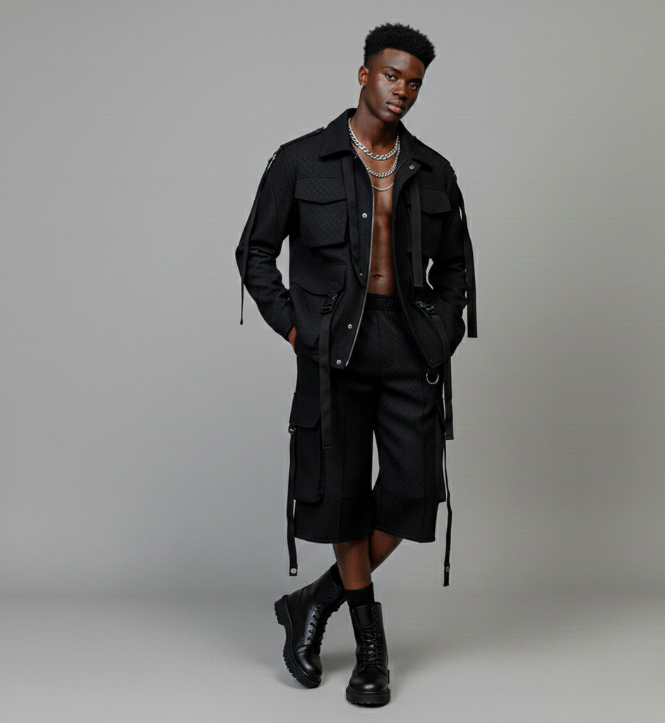 Thumbnail: Stylish man in black jacket and shorts posing during photoshoot
