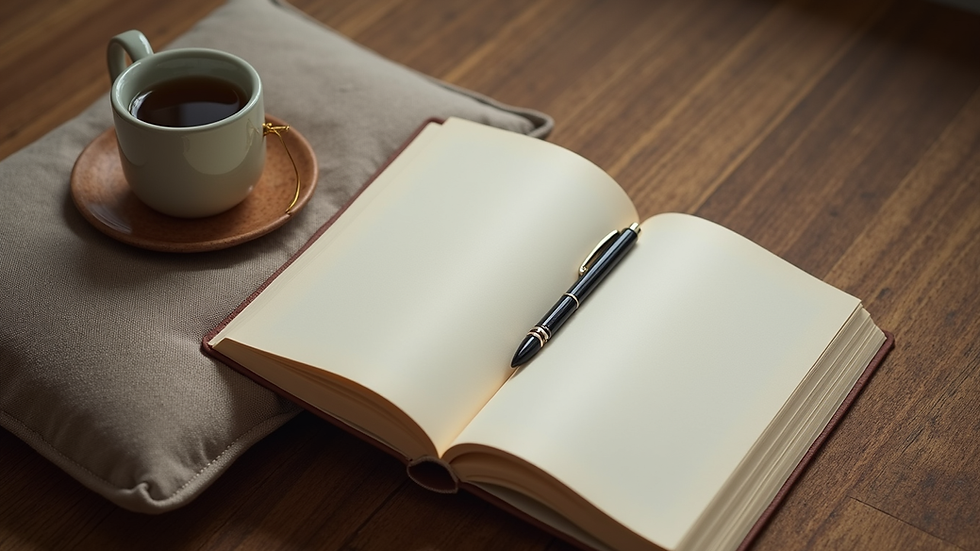 High angle view of a journal and pen beside a meditation cushion