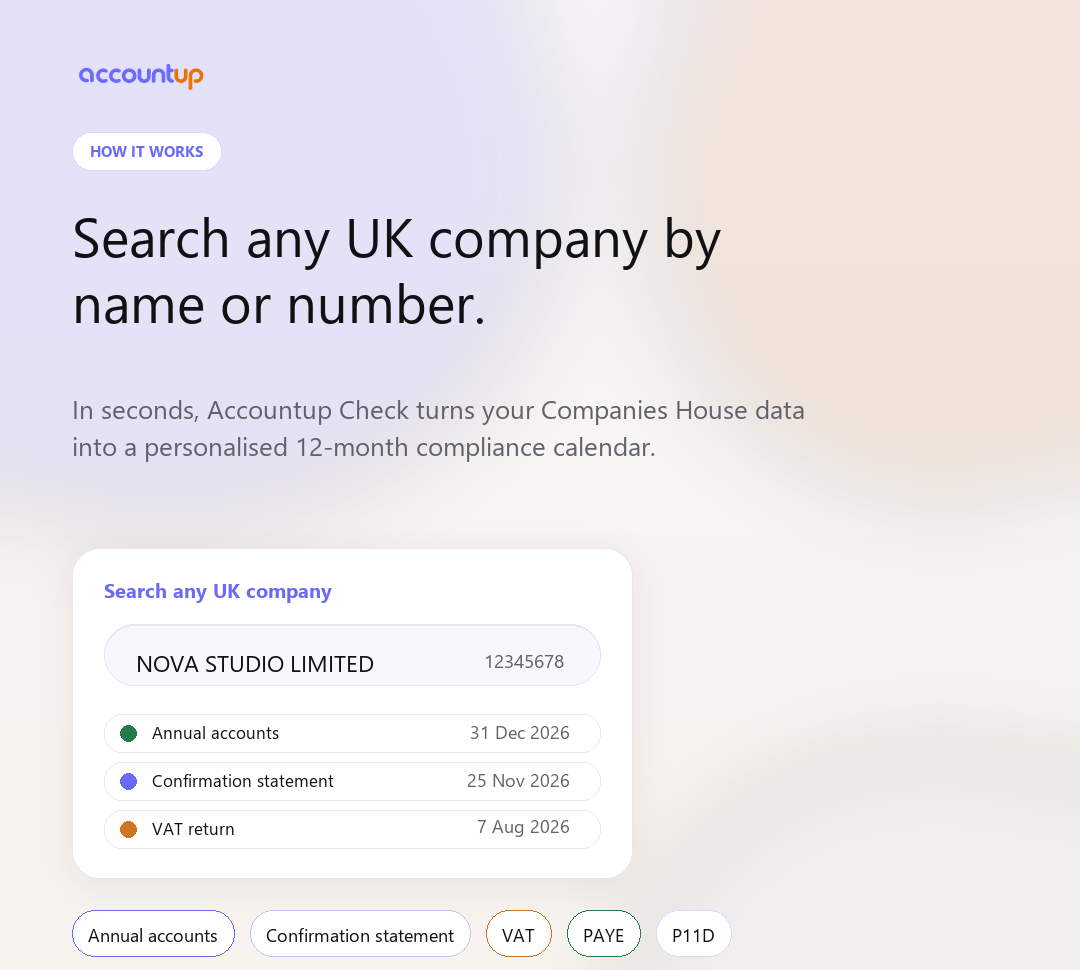 AccountUp webpage: Search any UK company by name or number, with NOVA STUDIO LIMITED compliance calendar and filing dates.