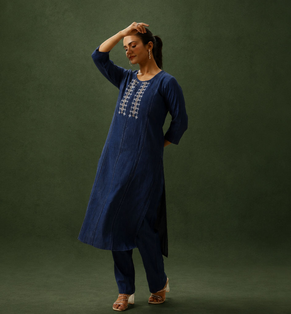 Navy Blue Embroidered Kurta Set