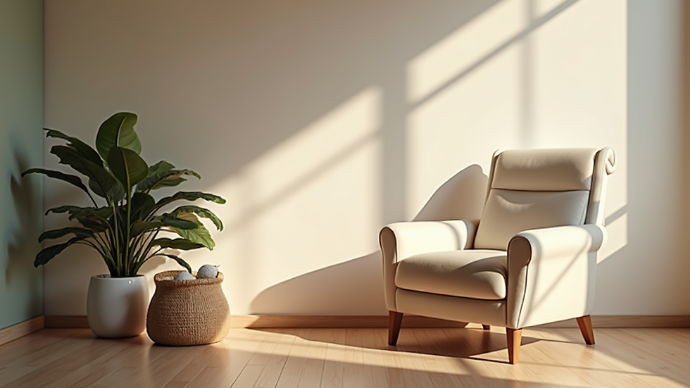Eye-level view of a calm therapy room with a comfortable chair and soft lighting