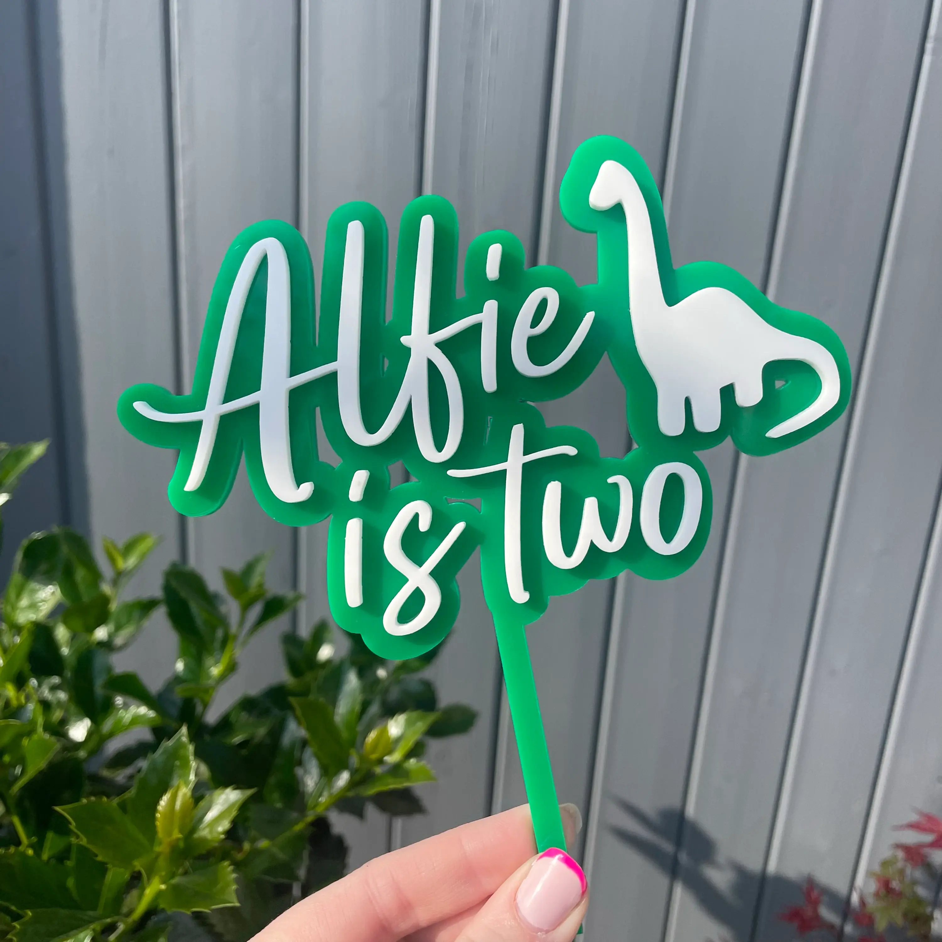 Green cake topper with white text 'Alfie is two' and a dinosaur