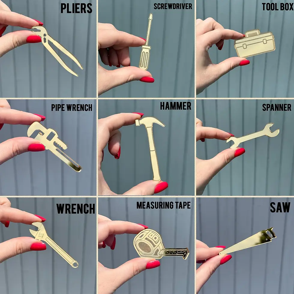 Thumbnail: Miniature wooden tools: pliers, screwdriver, hammer, saw