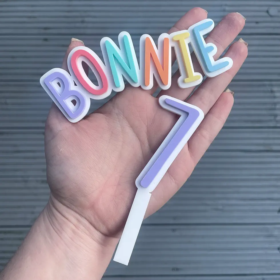 Thumbnail: Hand holding colorful cake toppers 'BONNIE' and '7'