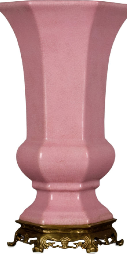 Porcelain Pink Hexagonal Vase With Bronze Ormolu In Soft Pink Collection