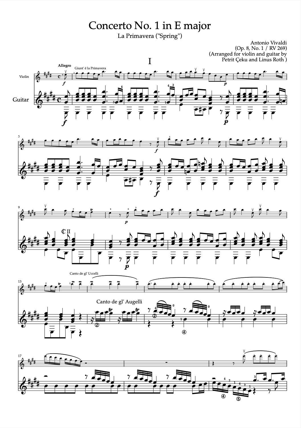 Vivaldi´s "Spring" - Sheet Music, arranged for Violin and Guitar