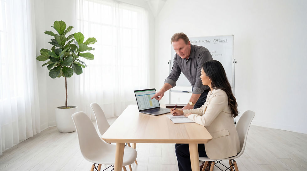 man standing over desk pointing at computer and woman sitting at desk in light airy office