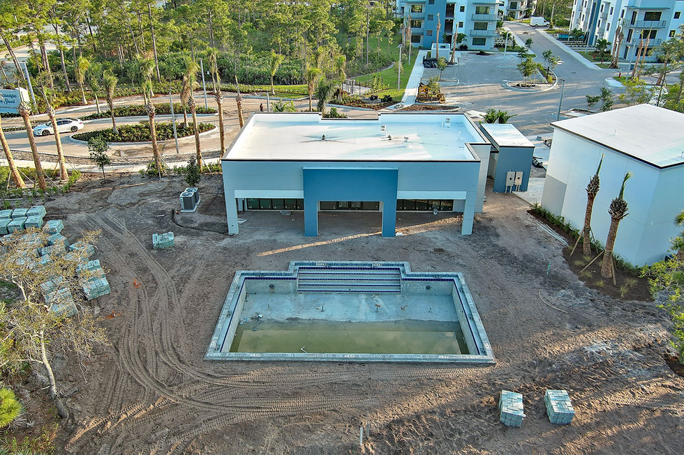 Aerial view of an apartment complex clubhouse under construction