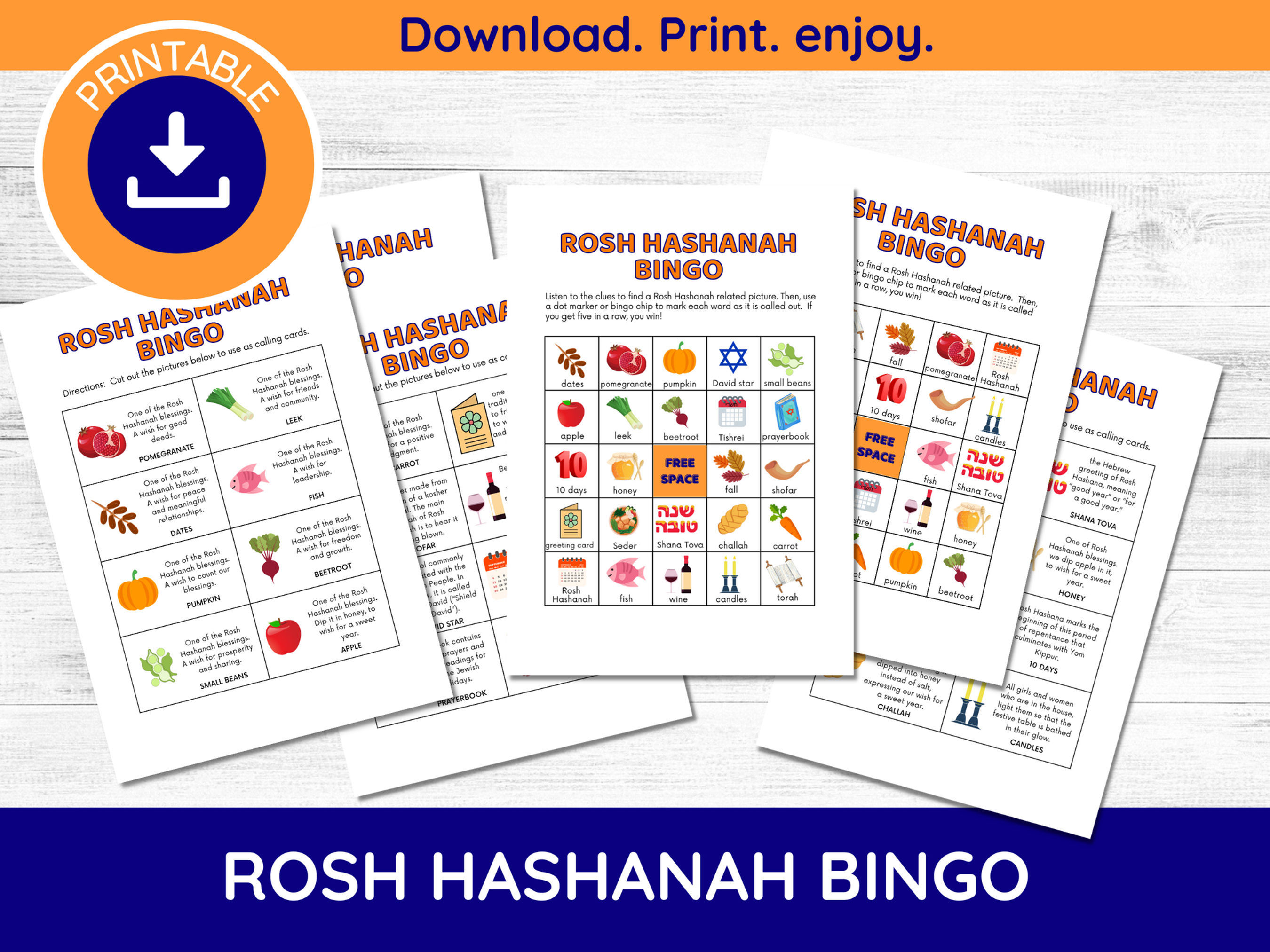 Printable Rosh Hashanah Bingo Game, 20 Players, Printable Rosh Hashanah Game, R