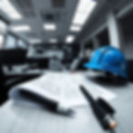wide angle shot of office with blue prints, hardhats, computer, pencil in black and white.