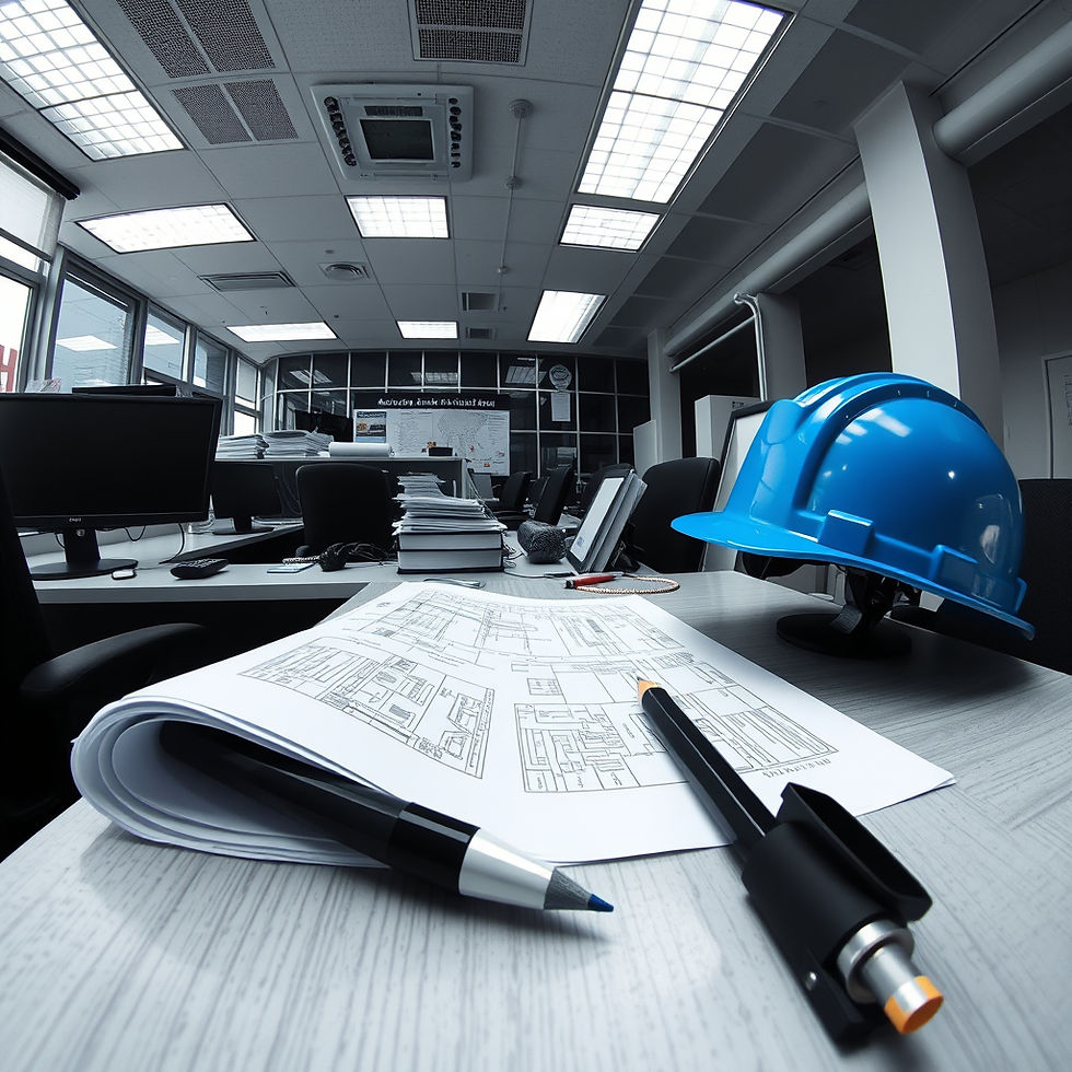 wide angle shot of office with blue prints, hardhats, computer, pencil in black and white.