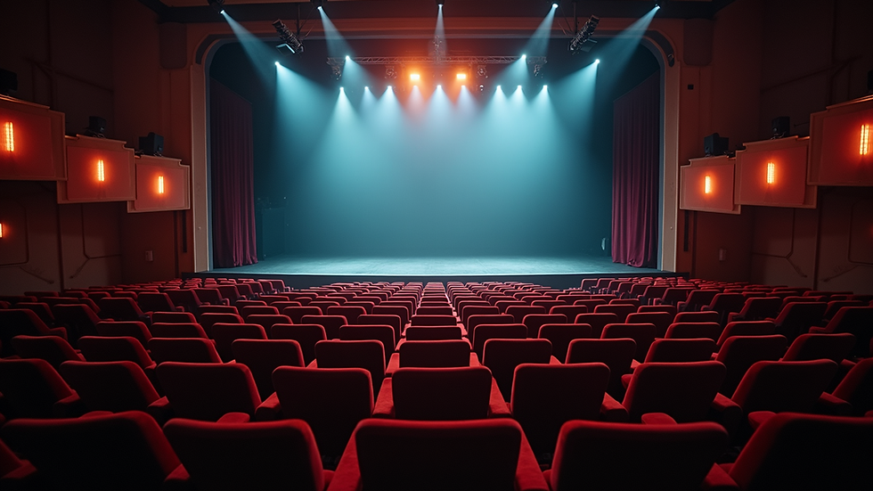 Eye-level view of a theatre stage with bright spotlights and empty seats